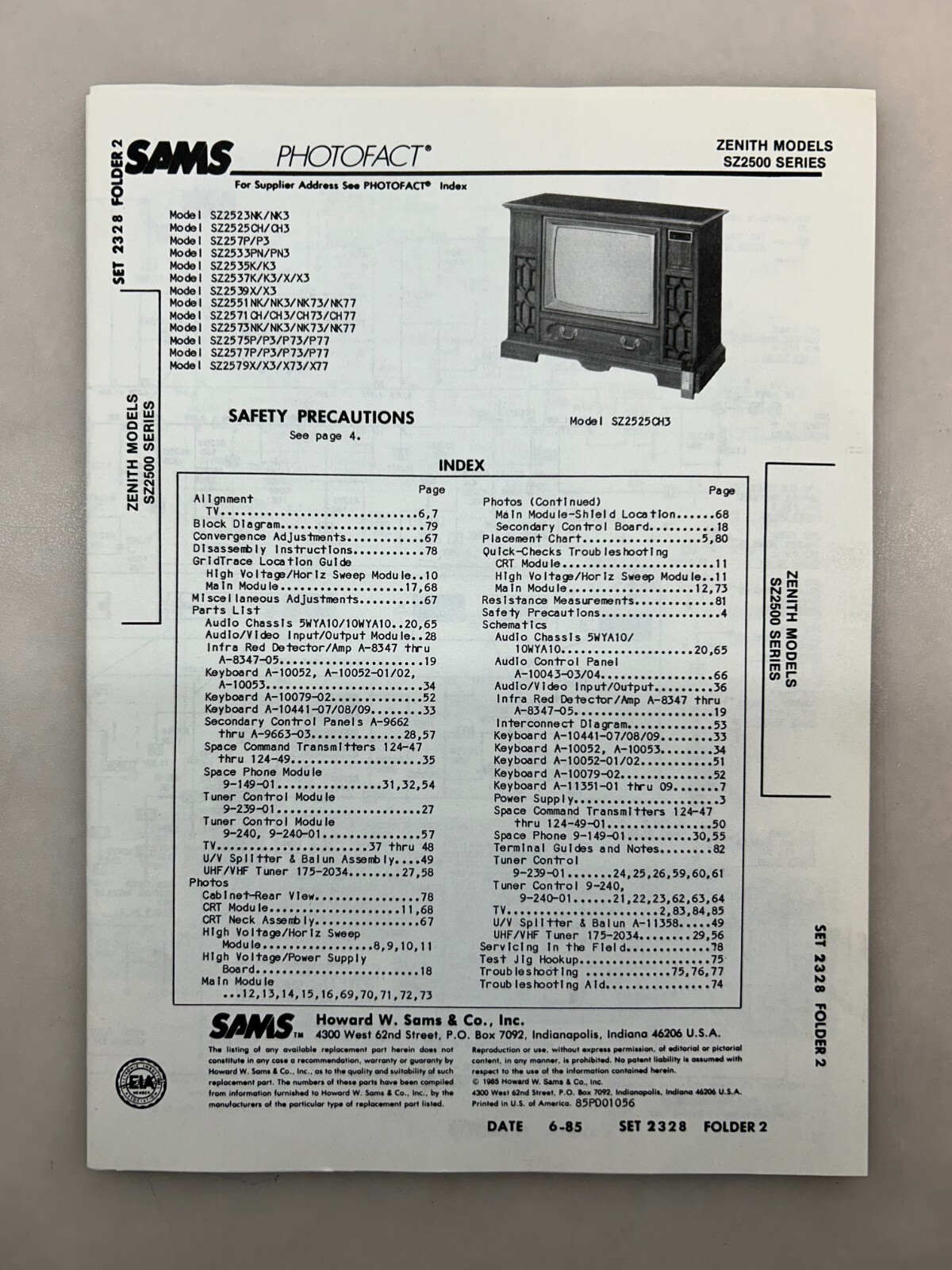 Zenith SZ2500 Service Manual Sams Photofact Free Shipping