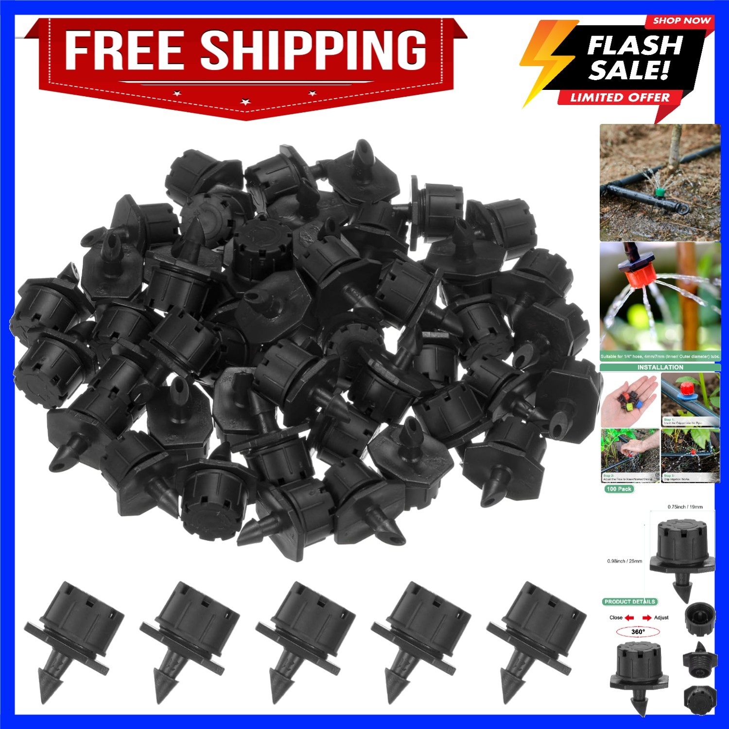 100-Pack 360 Degree Adjustable Irrigation Dripper, 1/4 Inch Barbed Emitter Dr...