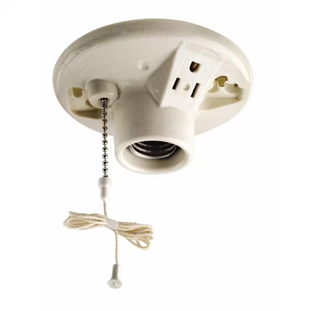 Glazed Porcelain Lamp Holder with Pull Chain and Outlet - Convenient Lighting