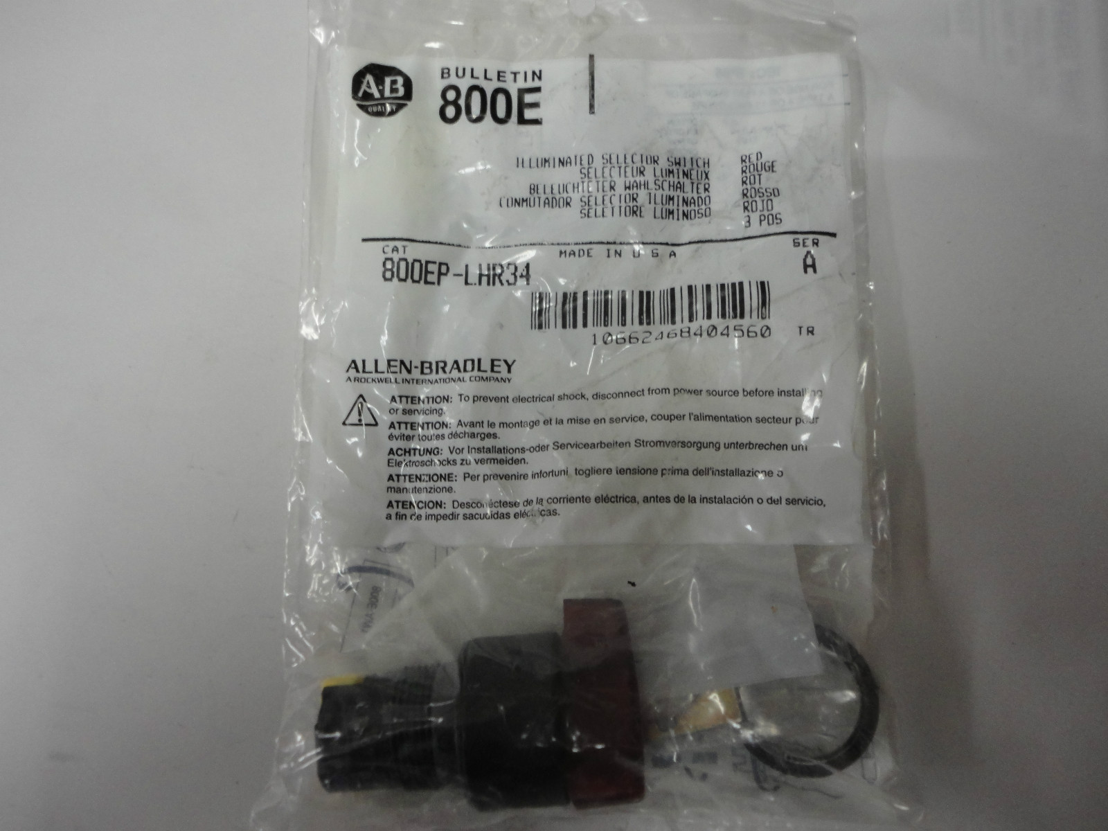 New, Free Ship, Allen Bradley 800EP-LHR34 Ser A Selector Switch Red, Illuminated