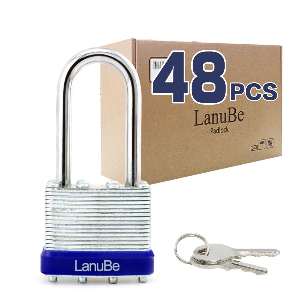 Lanube Laminated Padlock 1-9/16Inch 40Mm Long Shackle 48 Pack Keyed Alike Blue