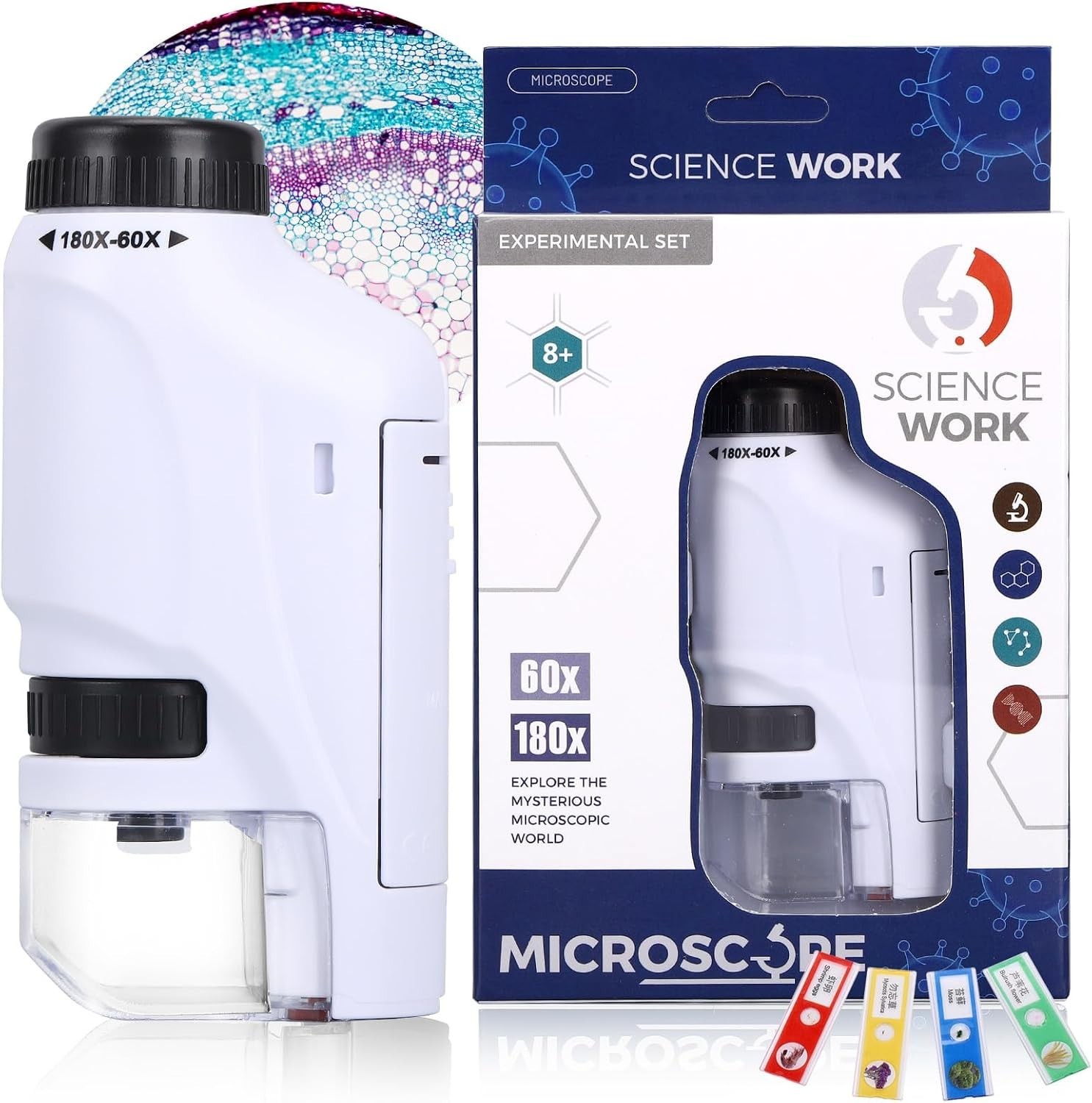 Portable Mini Microscope Handheld 60x-180x  Lighted Microscope W/4 Slides, White