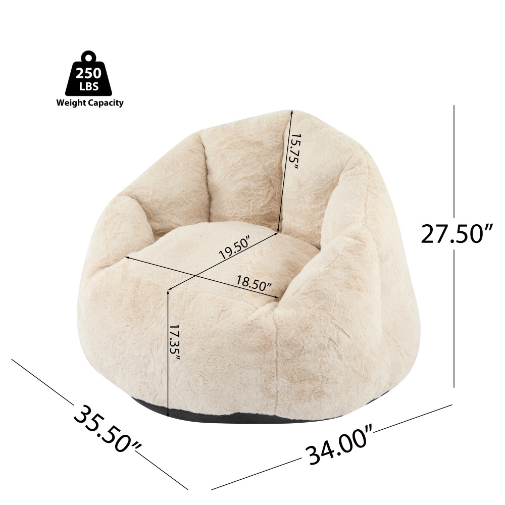 Beige Faux-Fur Bean Bag Chair, Indoor Cozy Armchair-Style, Shredded Foam Filler