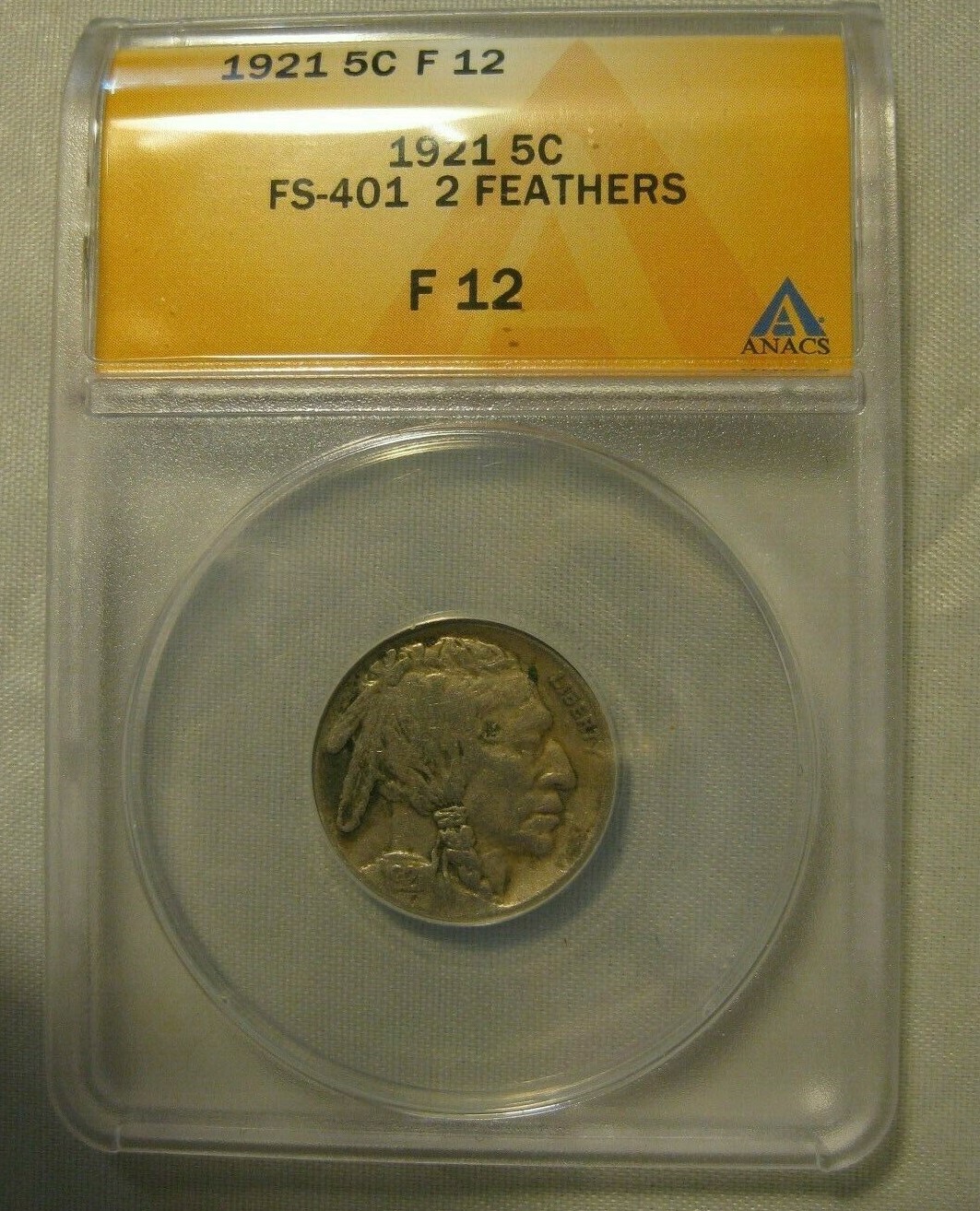 1921- P Buffalo Nickel 2 Feathers (FS-401) ANACS Graded & Authenticated  F-12