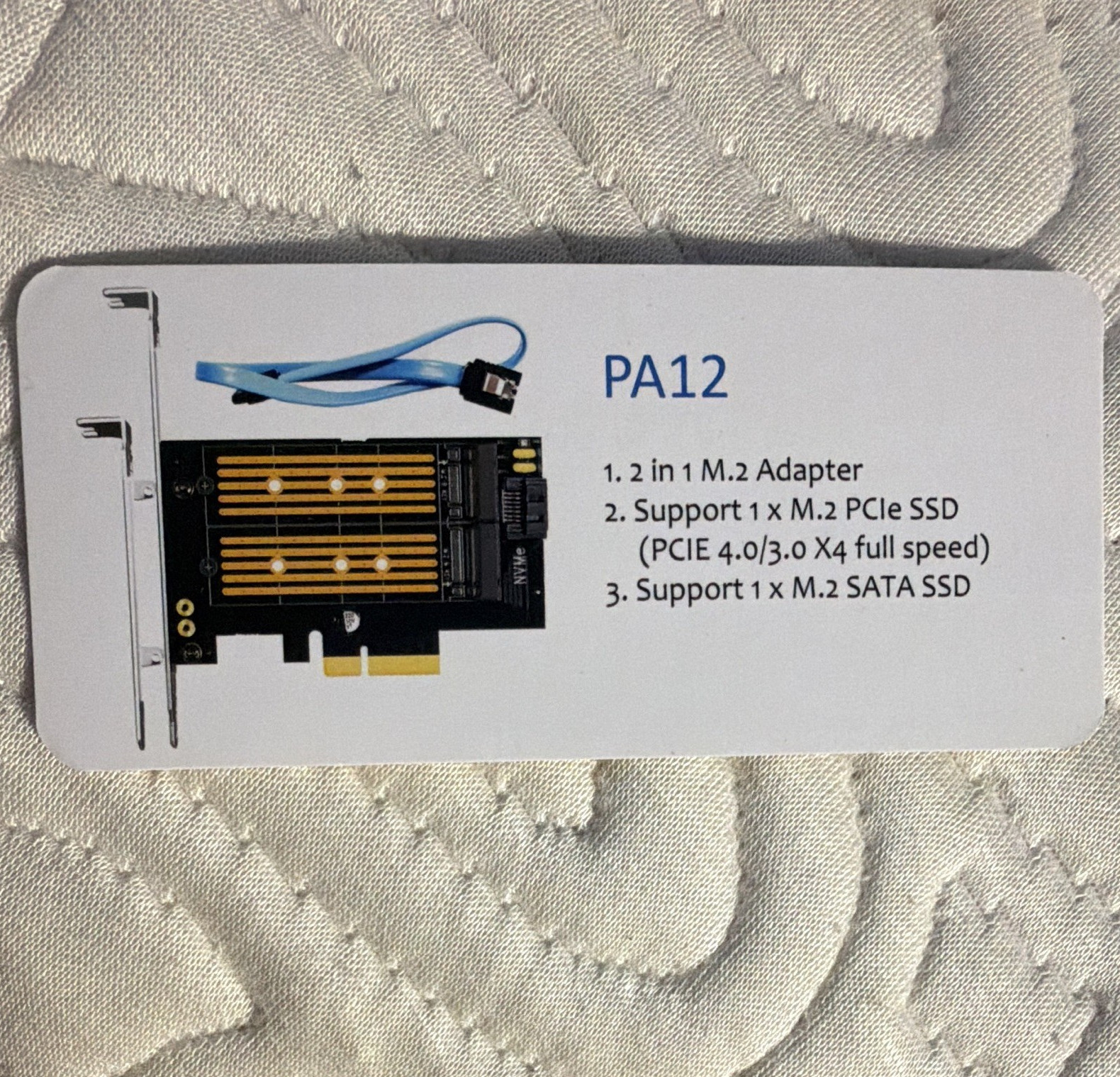 PA12 PCIe x4 M.2 Adapter Card, 2-Port NVMe + M.2 and SSD with an M.2 NVM