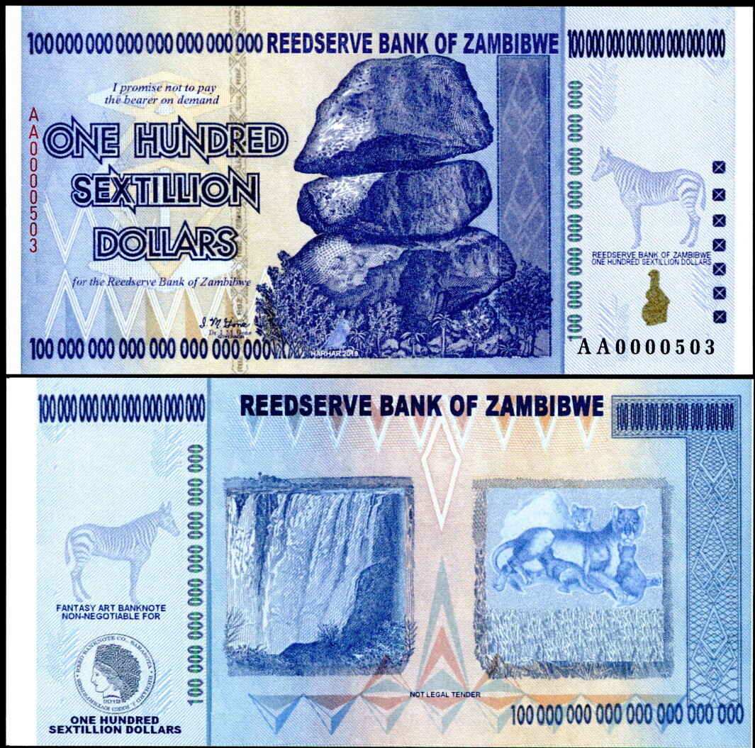 ZAMBIBWE $100 Sextillion Dollars Fantasy Art Reedserve Note Zebra Big Cats New!