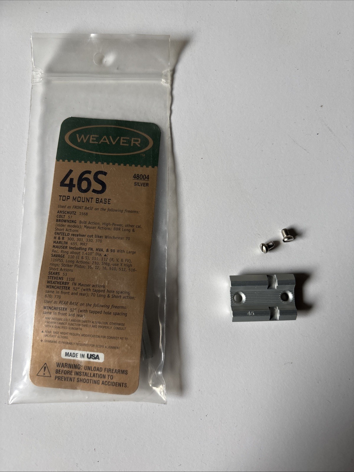 NEW Weaver Scope Base #46S With Screws Silver Browning Mauser Savage