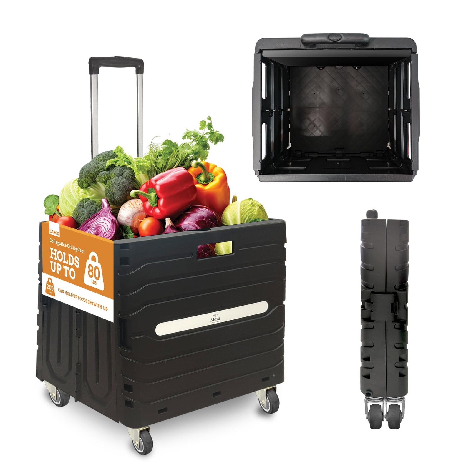 Collapsible Folding Utility Cart, Heavy-Duty Rolling Crate with 360° Wheels, ...