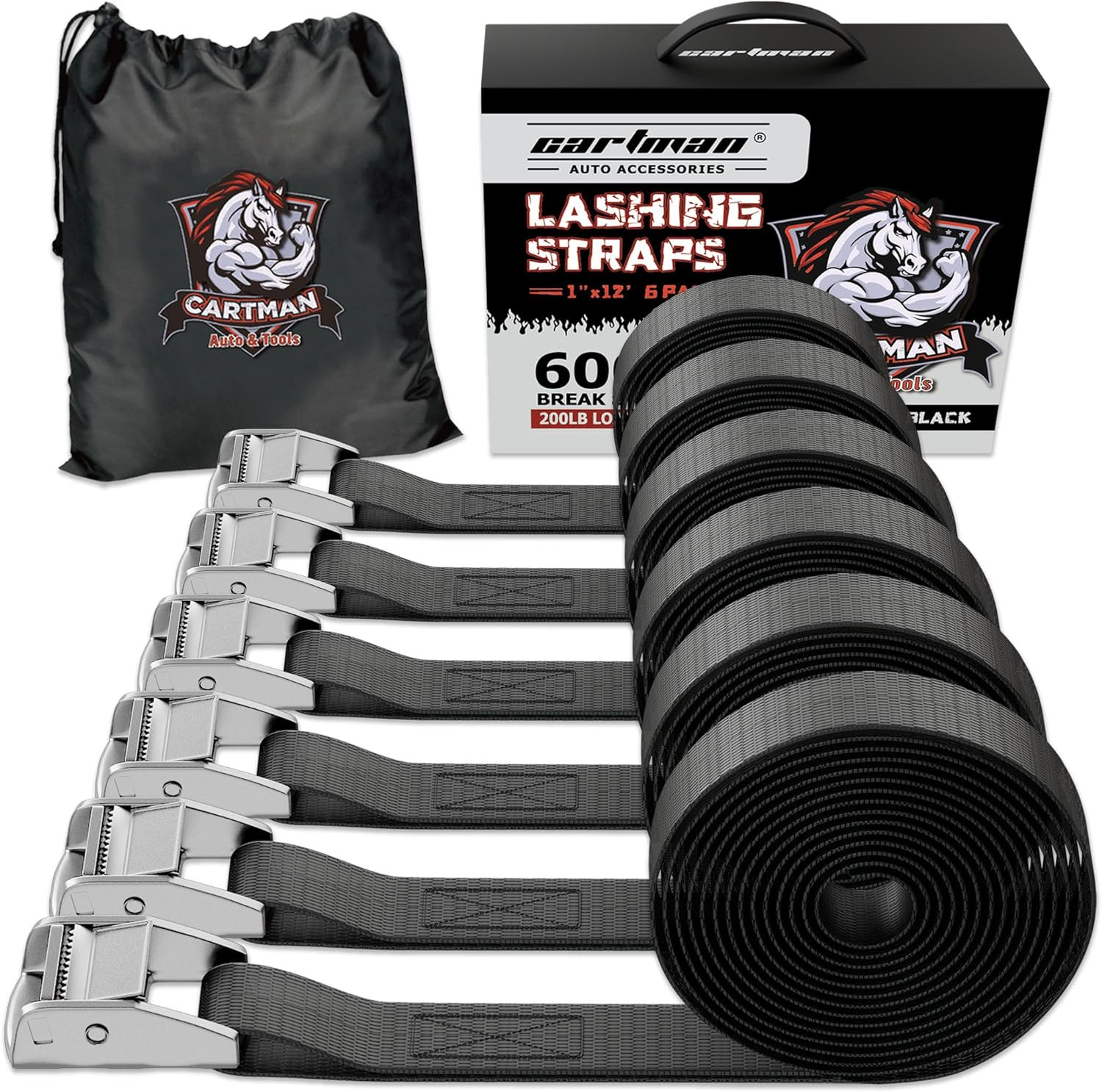 1" x 12' Lashing Straps Cargo Tie-Down Strap Up to 600lbs, 6pk in Carry Bag, Bla