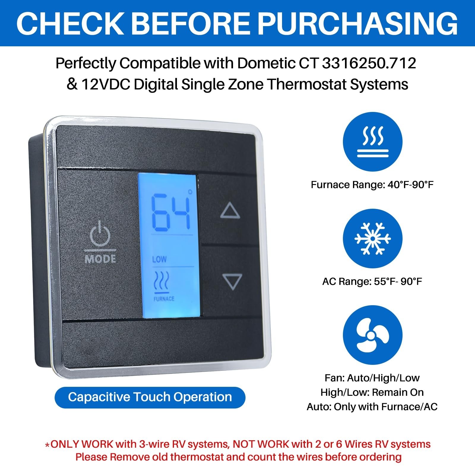Upgraded 3-Wire RV Thermostat, 12VDC Digital Wall Control, Touch-Sensitive, Blue