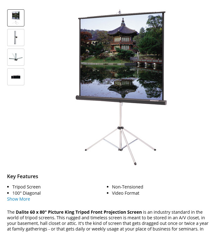Dalite Picture King 80 x 60 portable tripod screen w/zippered cloth case