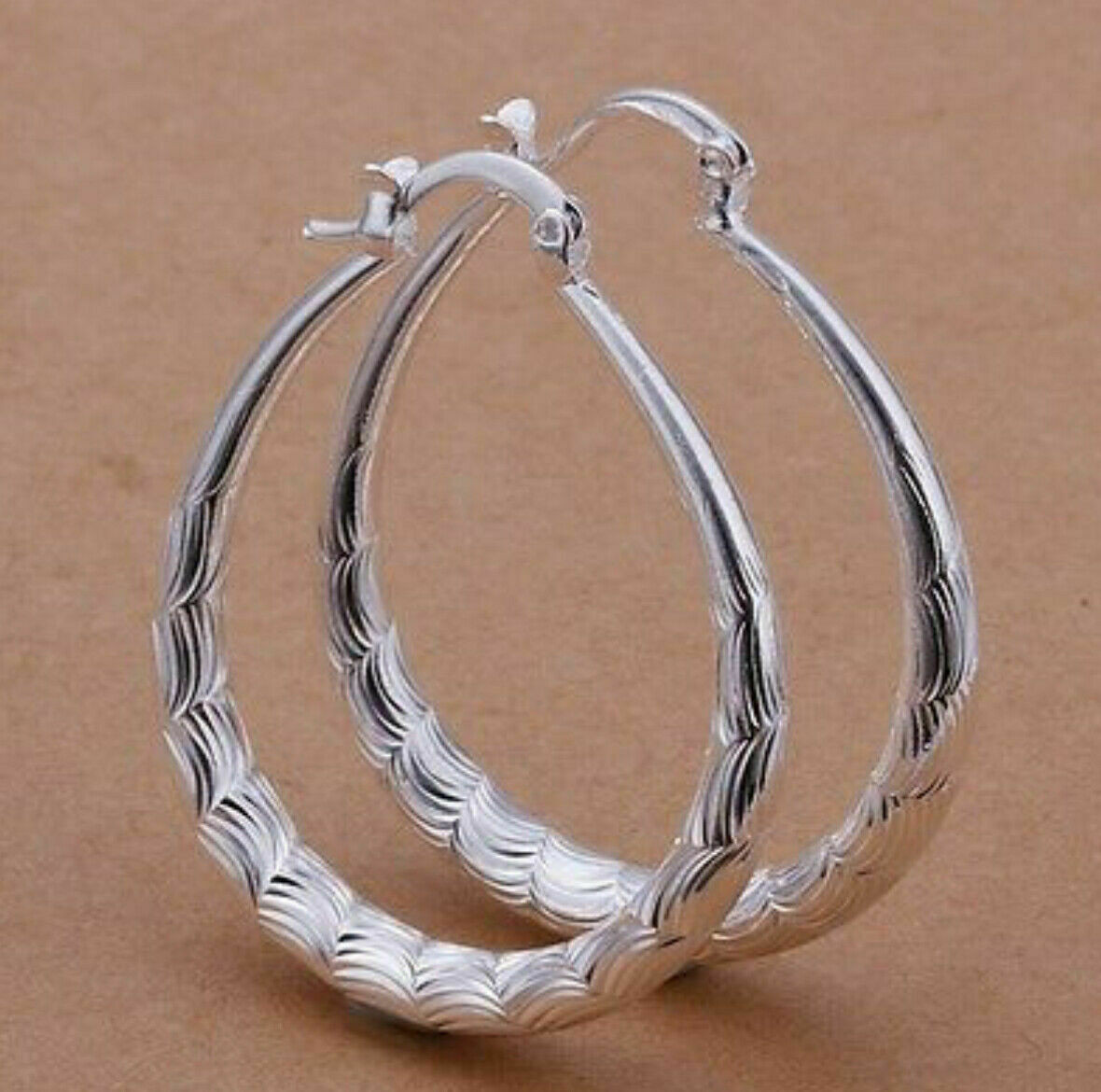 Women’s Silver Plated Oval Etched Hoop Pierced 1-1.5 Inch Earrings