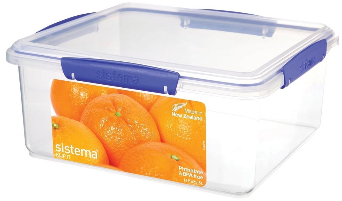 KLIP IT Food Storage Container, 5 L, Airtight & Stackable, Clear with Blue Clips