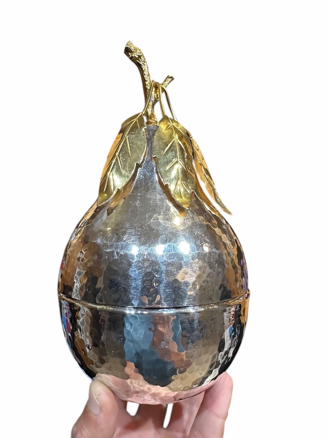 High End Italian Hammered Silver Plated Metal Peach Form Box Hollywood Regency