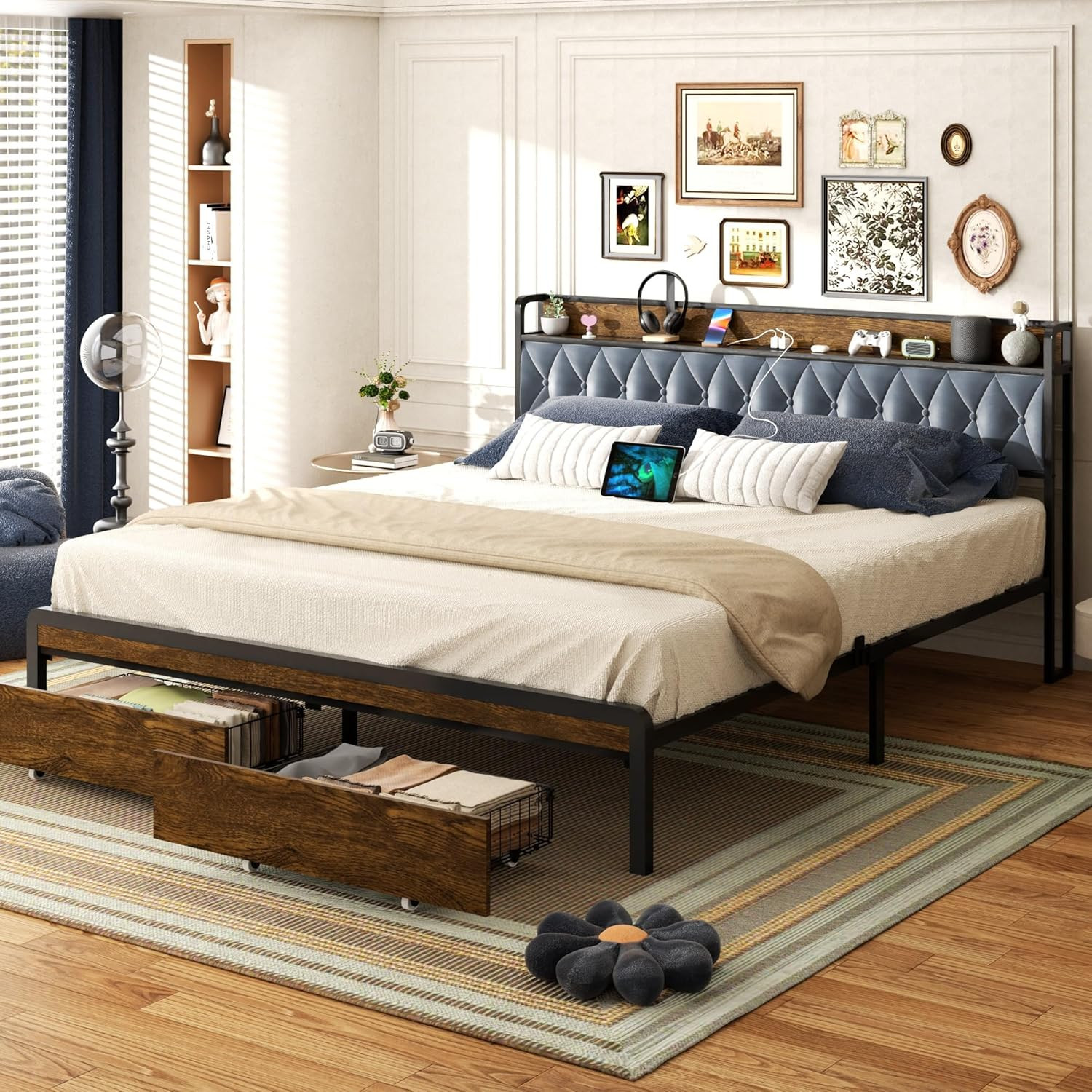 King Size Metal Bed Frame with Storage Drawers, LED Light & Charging Station