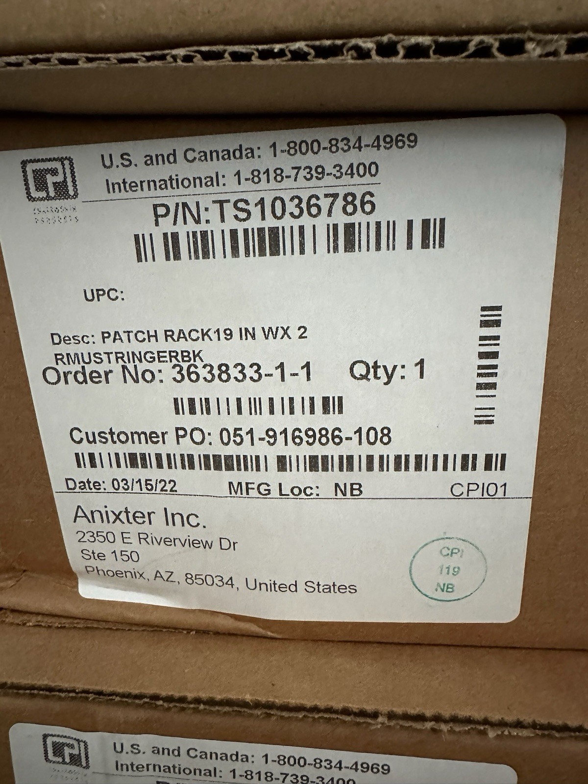 Patch Rack 19in TS1036786 Cable Management Rack Part LOT OF 4 New