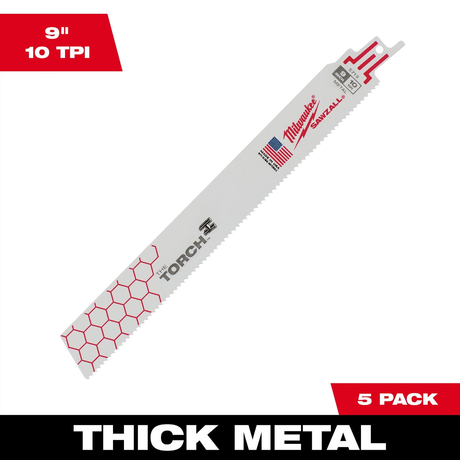 Milwaukee Tool 48-00-5713 9" 10 TPI Torch SAWZALL Blade For Thick Metal (5-Pack)