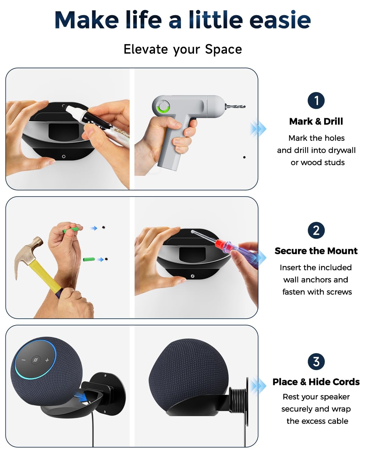Universal Wall Mount Shelf for Echo Dot HomePod Mini Cable Management Black