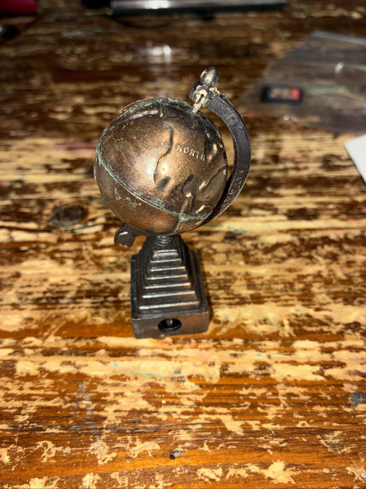 Vintage Miniature World Globe Pencil Sharpener Die Cast Metal Made in Hong Kong