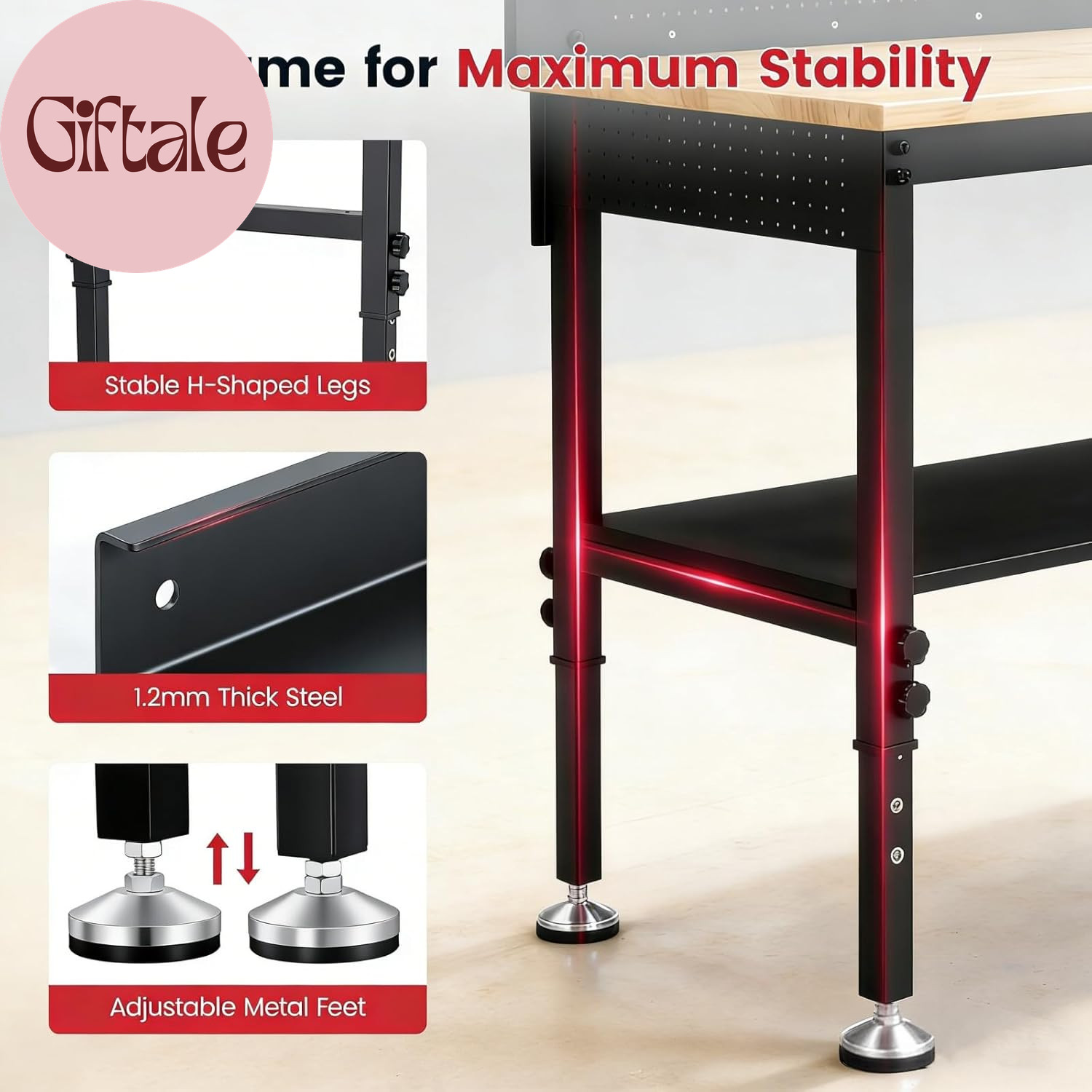 60'' Heavy Duty Workbench 3000 LBS Load Capacity Adjustable Height Garage Work B