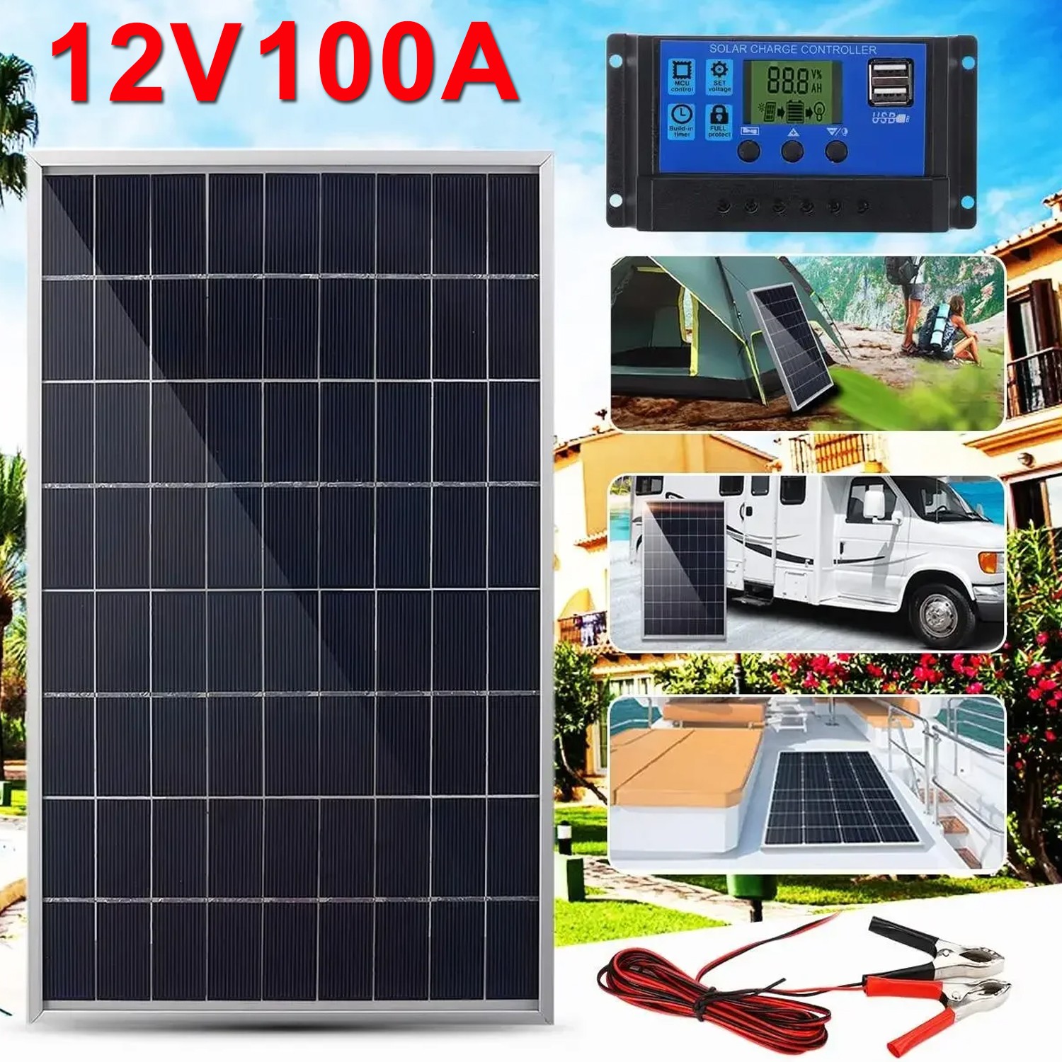 10W Solar Panel 12V Trickle Charger Battery Charger Kit with 100A Controller