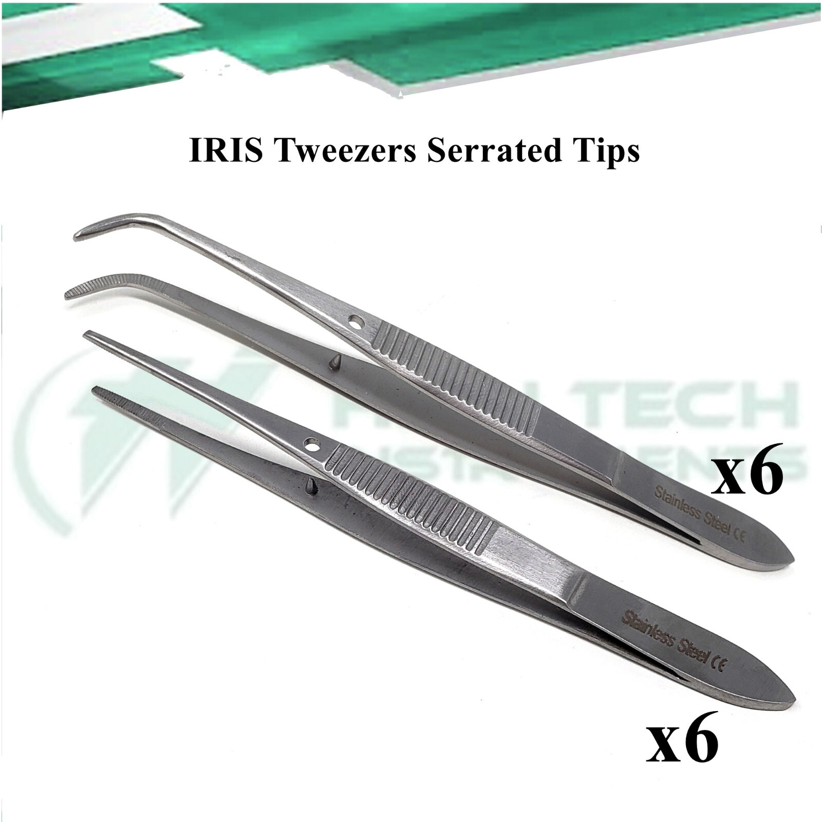 12x IRIS EYE DISSECTING LAB FORCEPS TWEEZERS 4" CURVED + STRAIGHT SERRATED TIPS