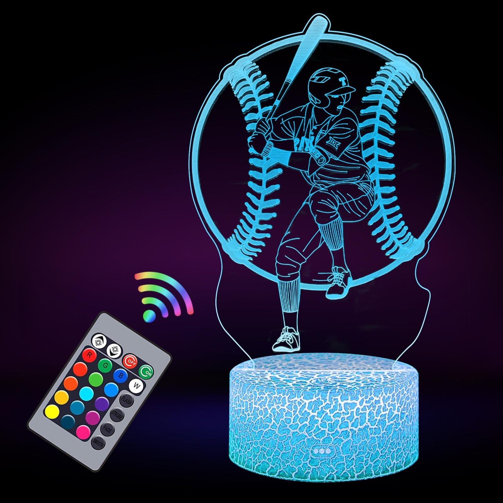 MENOMINO Baseball 3D Night Light for Kids - 16 Colors & Flashing Modes with R...