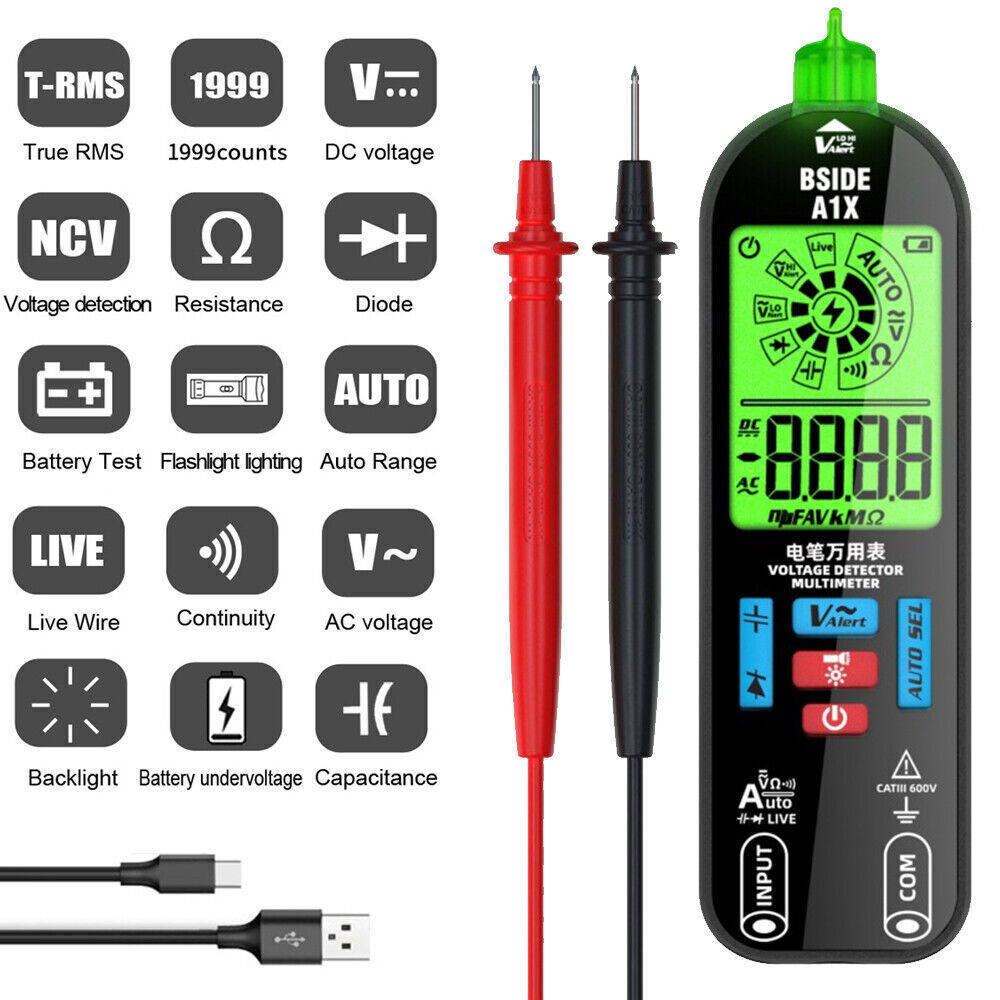 Mini LCD Digital Multimeter Smart Auto Ranging Rechargeable DC/AC Voltage w/ Bag
