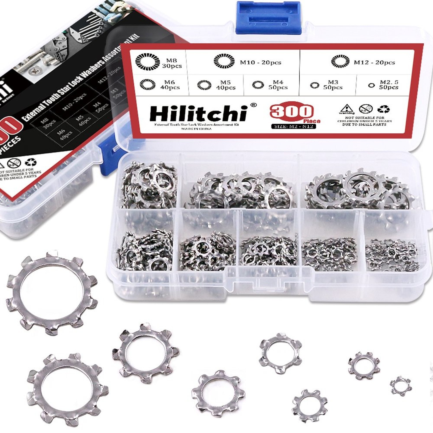 Hilitchi 300-Pcs [8-Size] 304 Stainless Steel External Tooth Star Lock Washer...