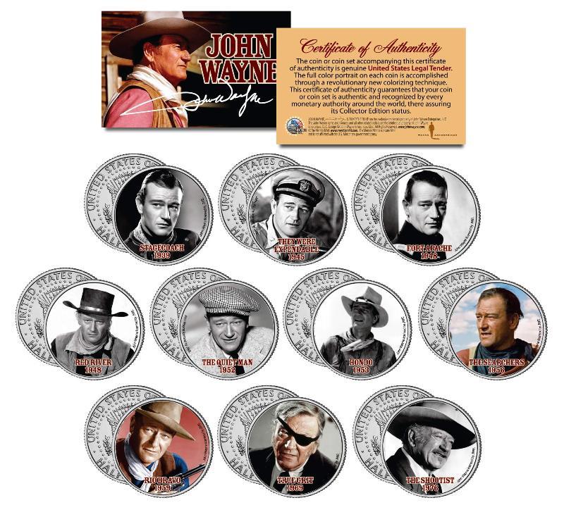 JOHN WAYNE * MOVIES * Colorized JFK Half Dollar 10-Coin Set OFFICIALLY LICENSED