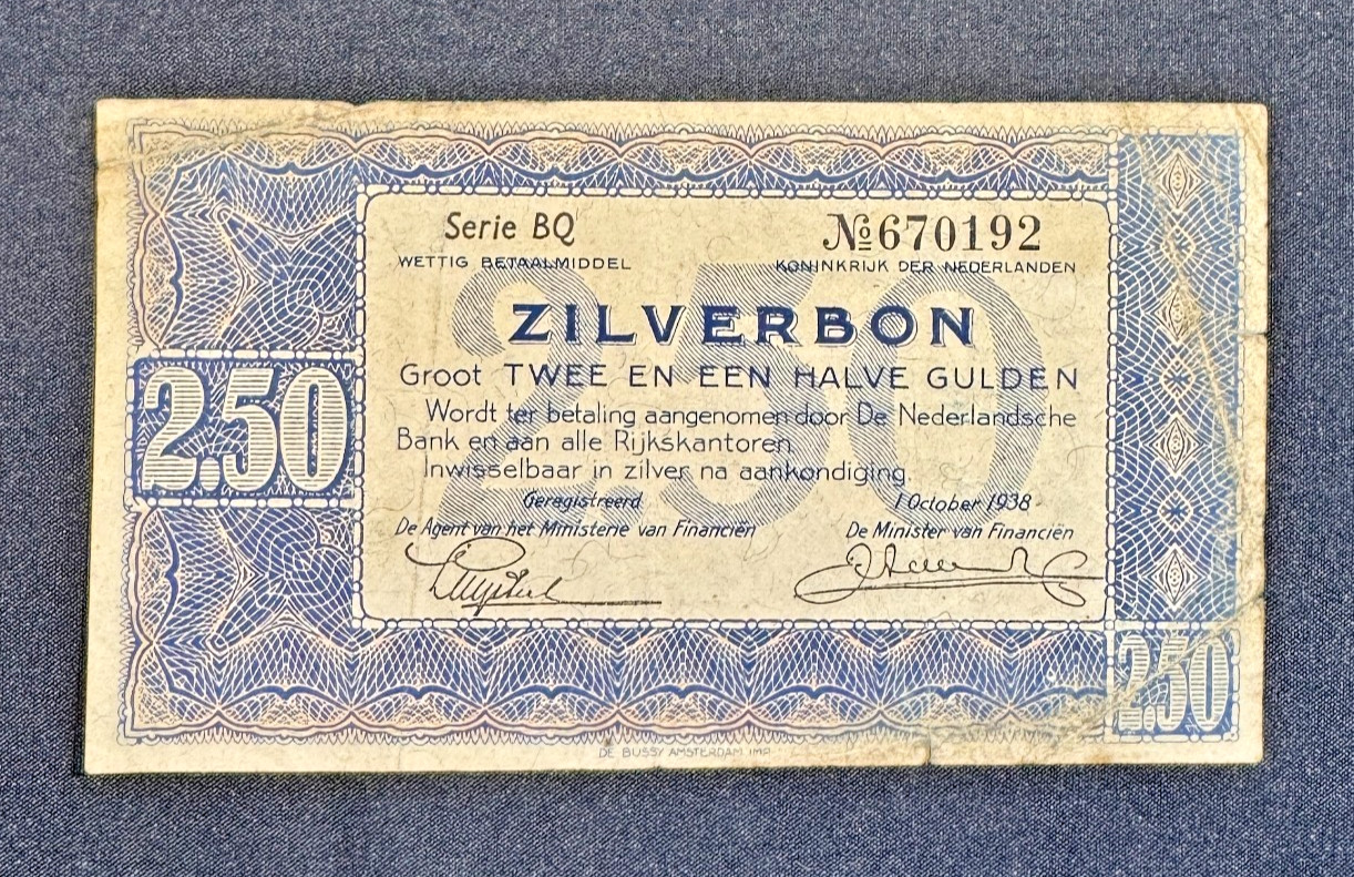 1938 Netherlands 2½ Gulden Zilverbon Dutch Banknote Circulated