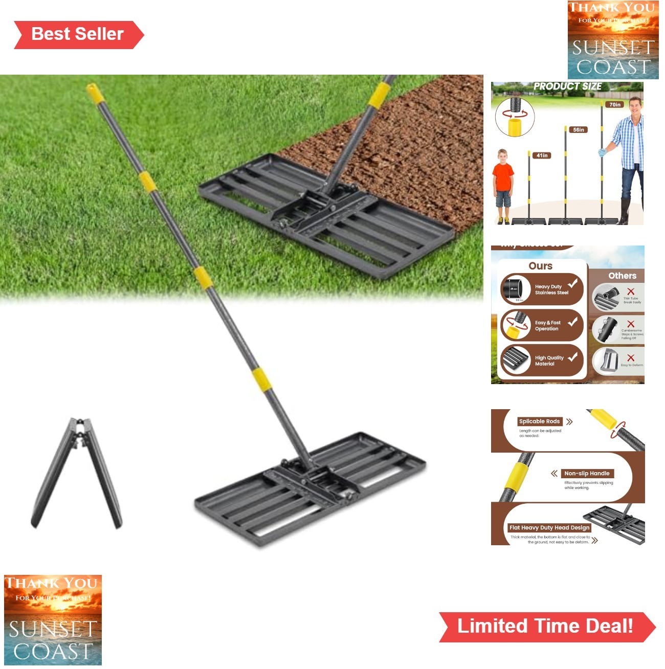 Lawn Leveling Rake 30 Inch x 10 Inch Heavy Duty Stainless Steel Adjustable