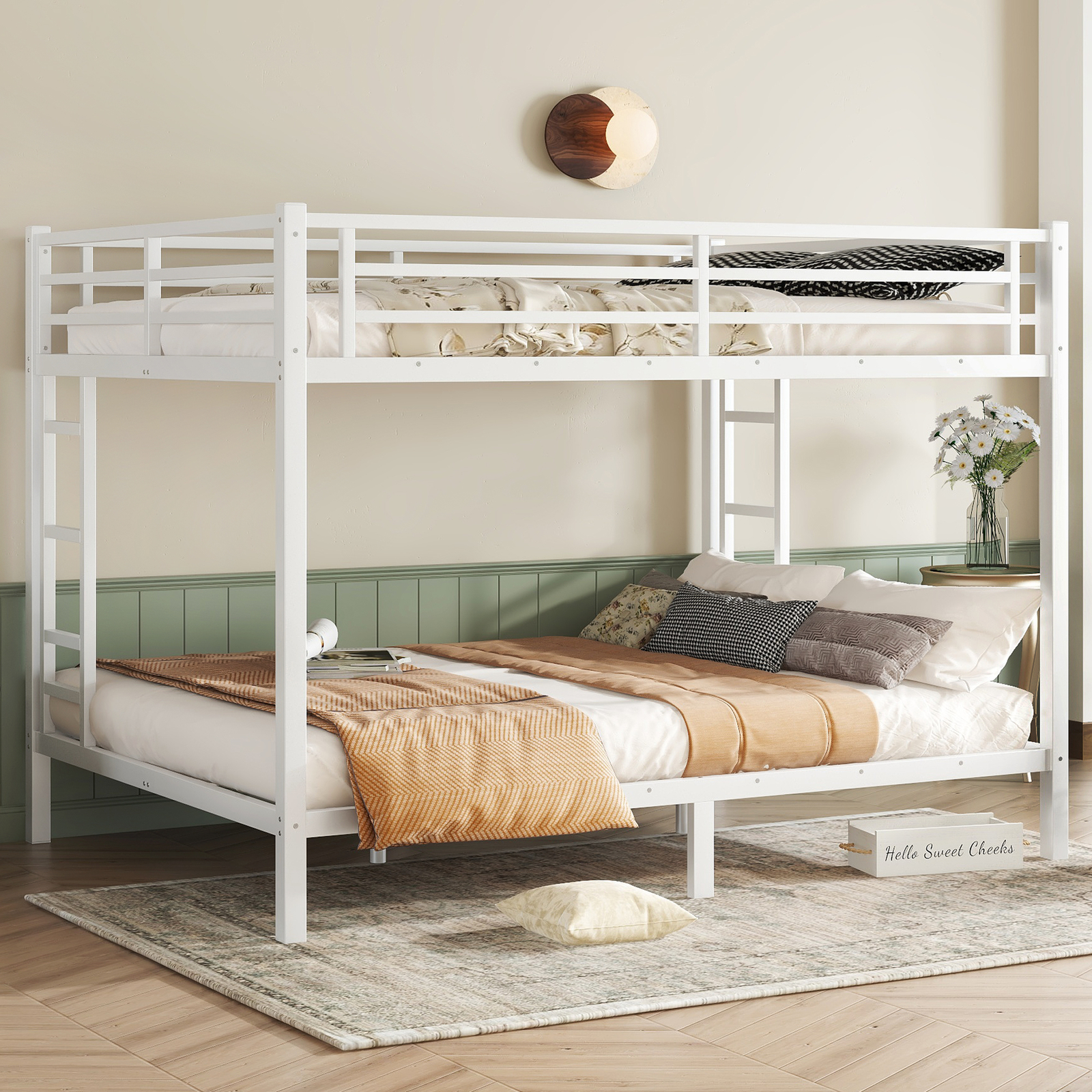 Metal Queen over Queen Bunk Bed Frame for Teens and Adults Space-Saving White