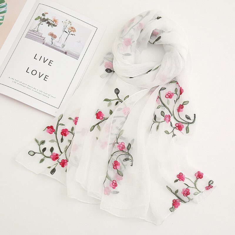 Women Flower Embroidery Soft Long Neck Scarf Wrap Shawl Stole Scarves Chiffon