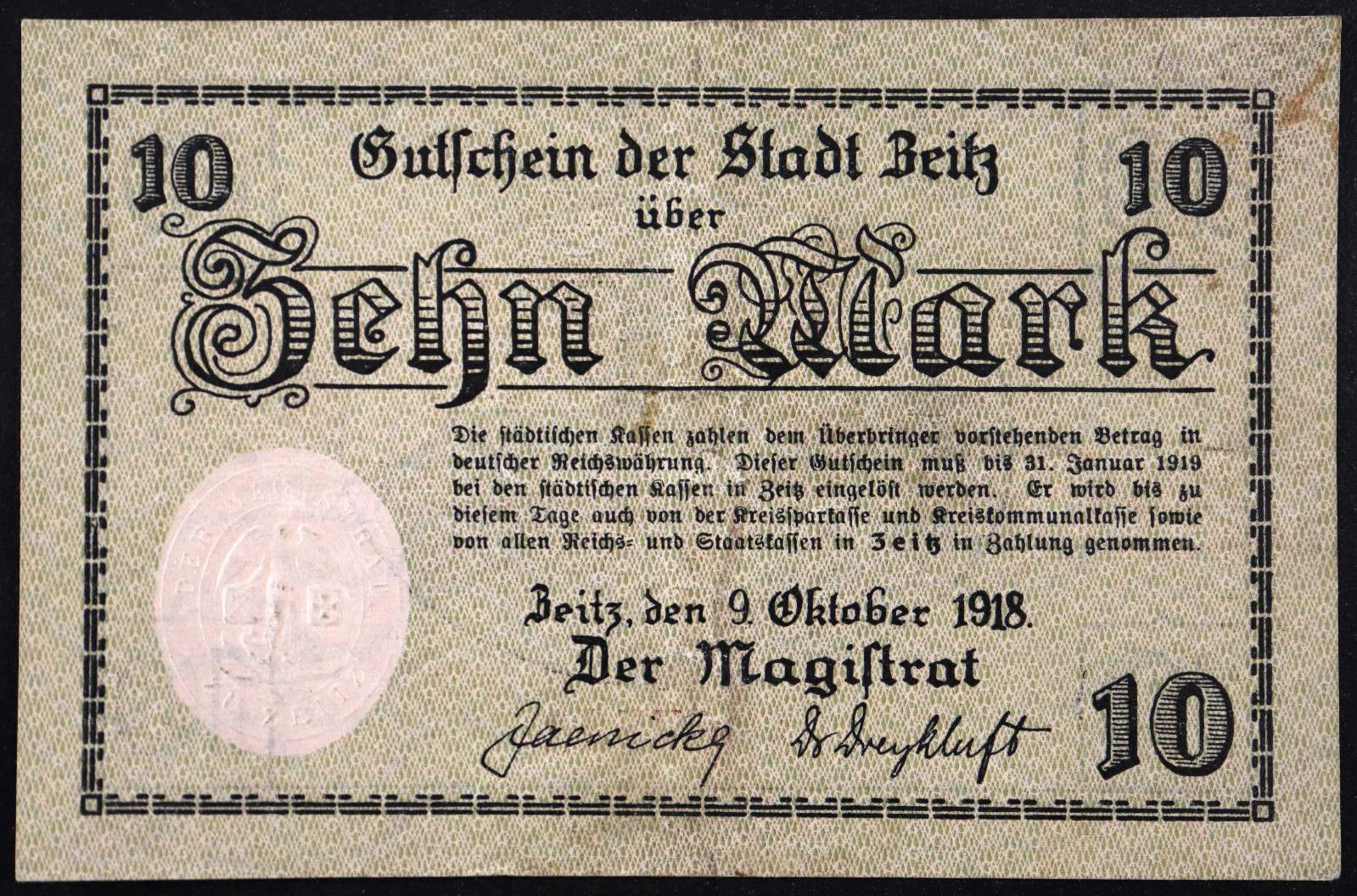 ZEITZ 1918 RARE 10 Mark Grossnotgeld German Notgeld Banknote
