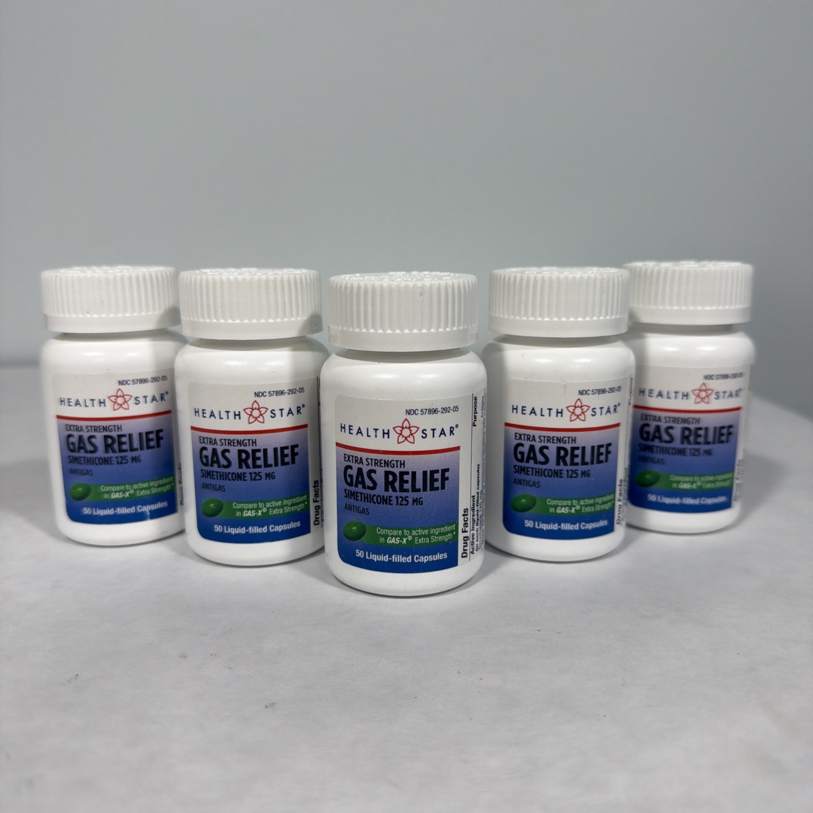 5 pack Health Star Gas Relief - Extra Strength, 50 capsules per bottle, exp 7/26