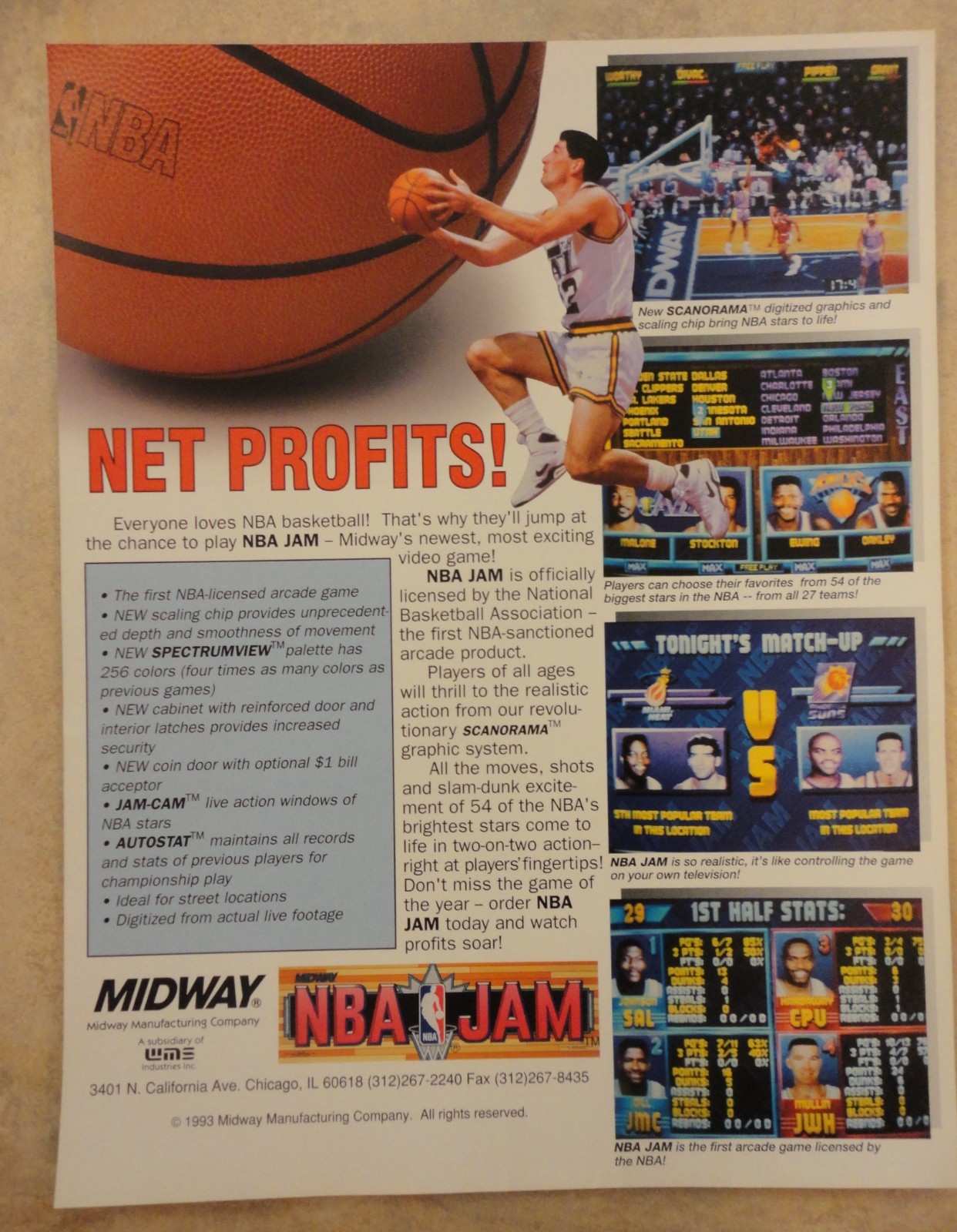 NBA Jam Video Game Flyer Original Midway 1993