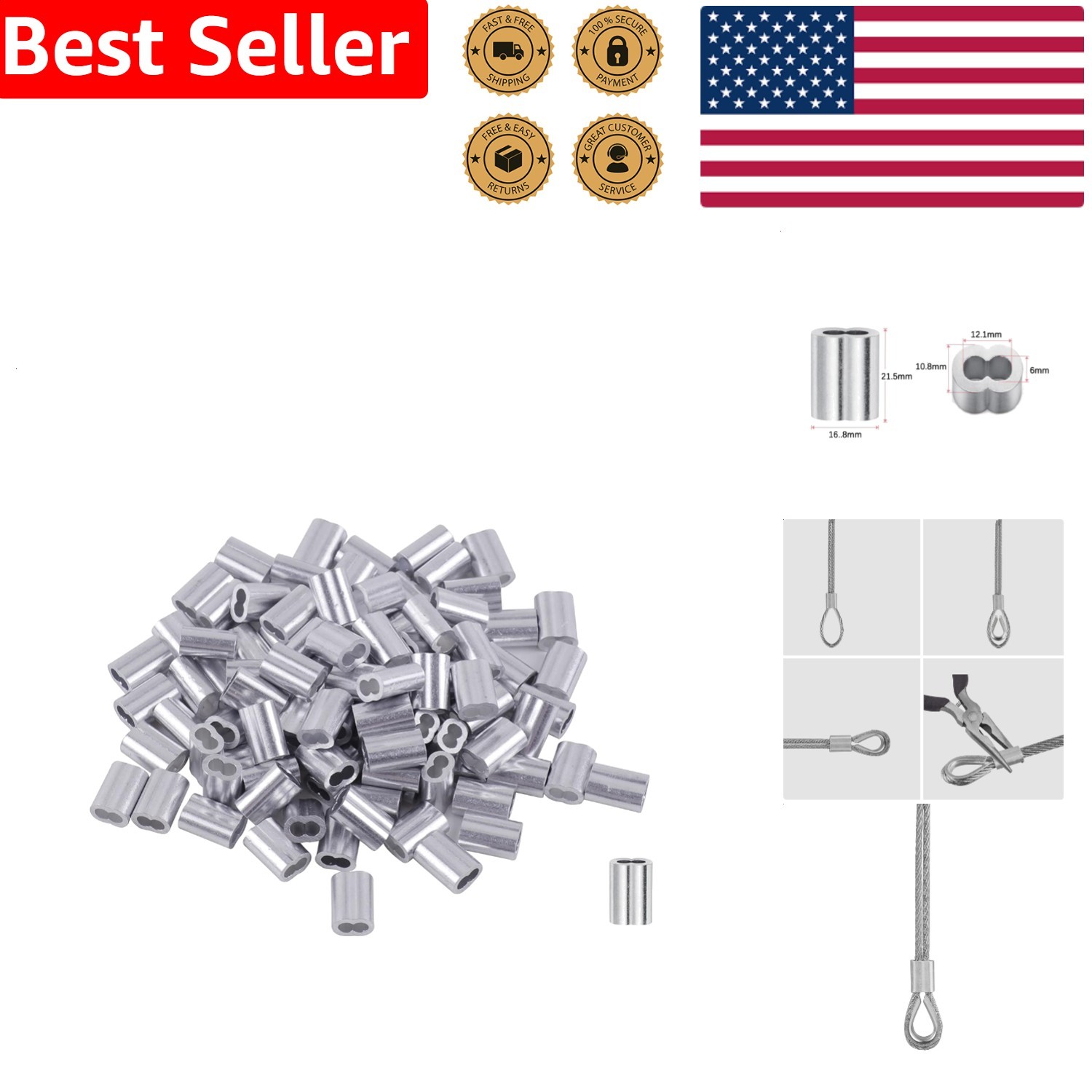 50 pcs Aluminum Crimp Sleeves for 3/16