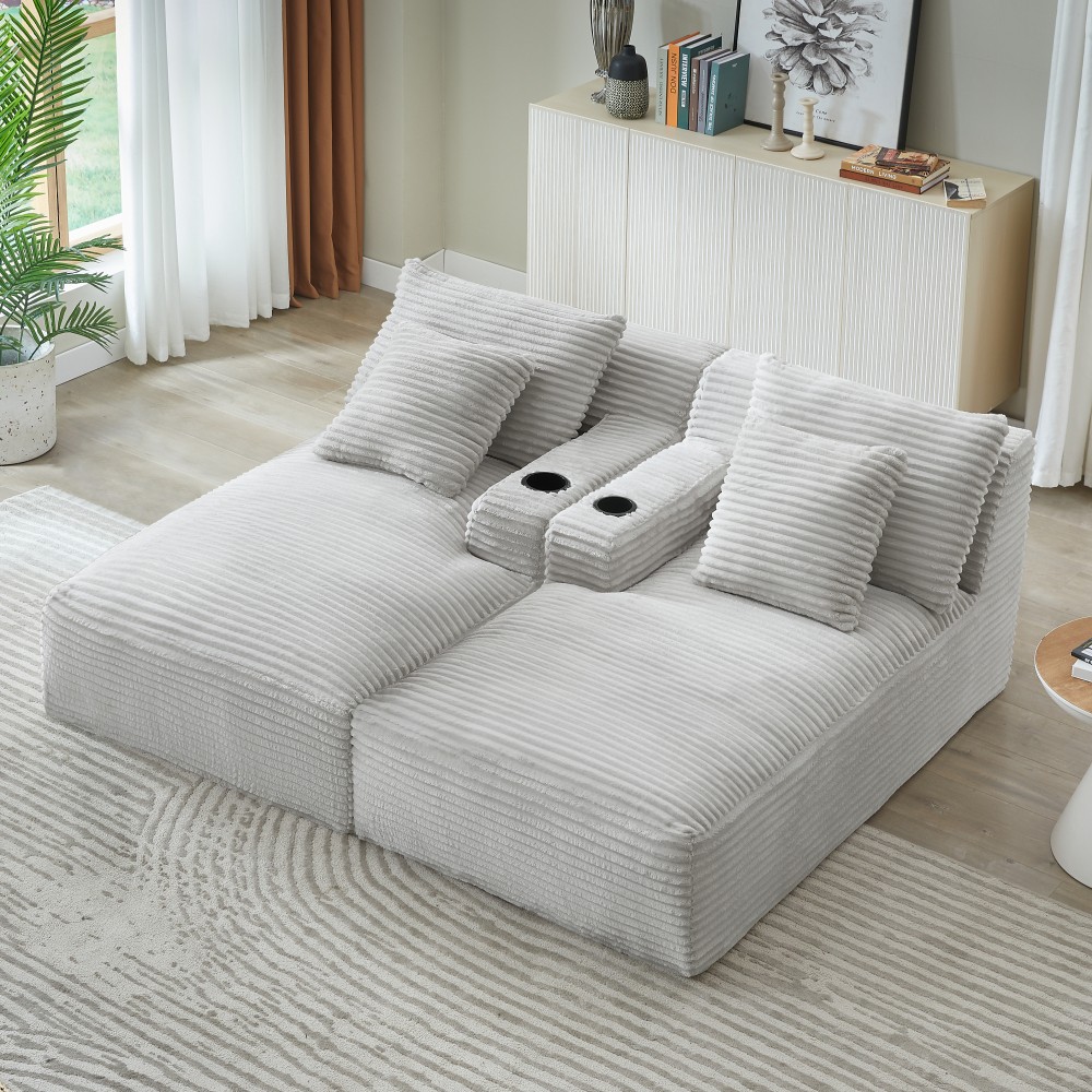 Light Gray Corduroy Compressible Double Chaise Sleeper Sofa with Cup Holders