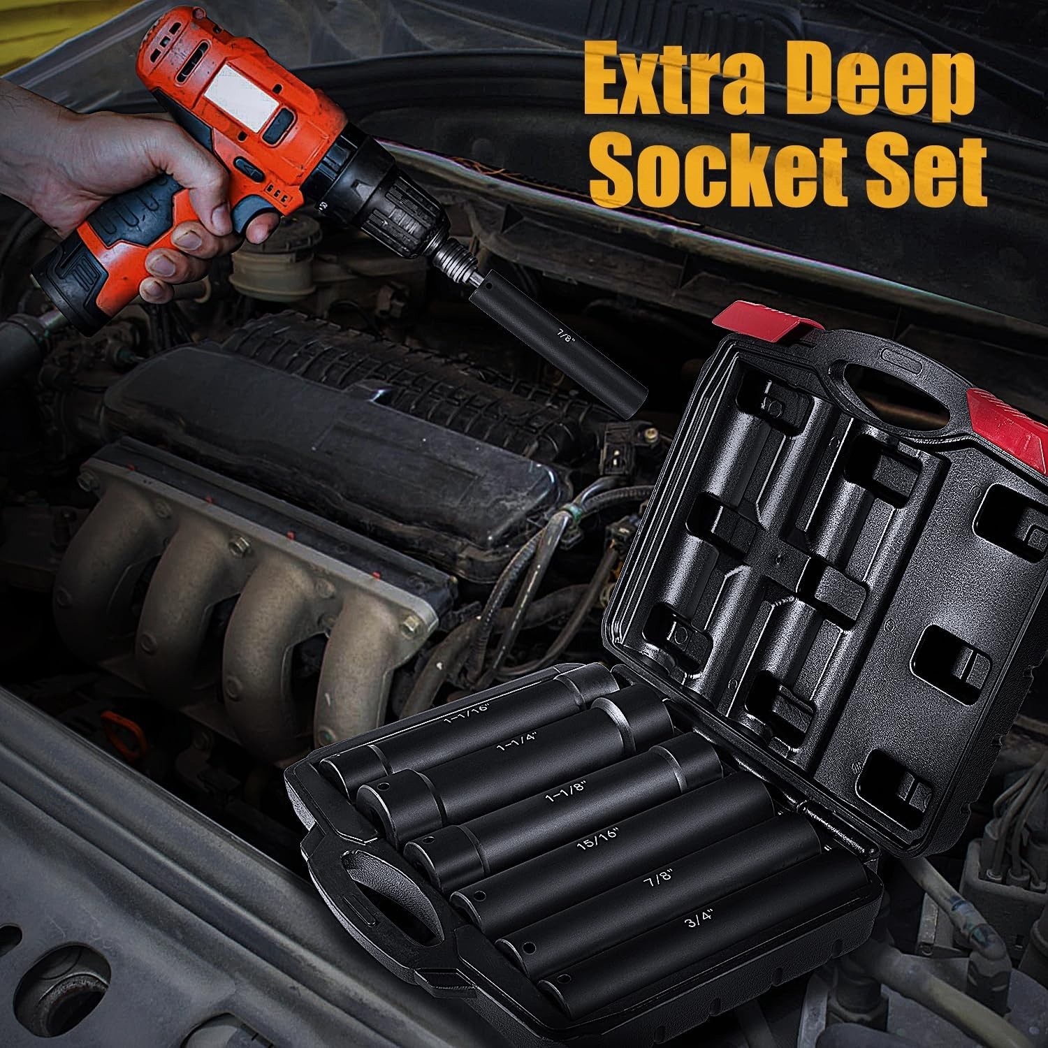 1/2 Inch Drive Extended Length Impact Socket Set 6Pcs, Extra Deep Socket Set Kit