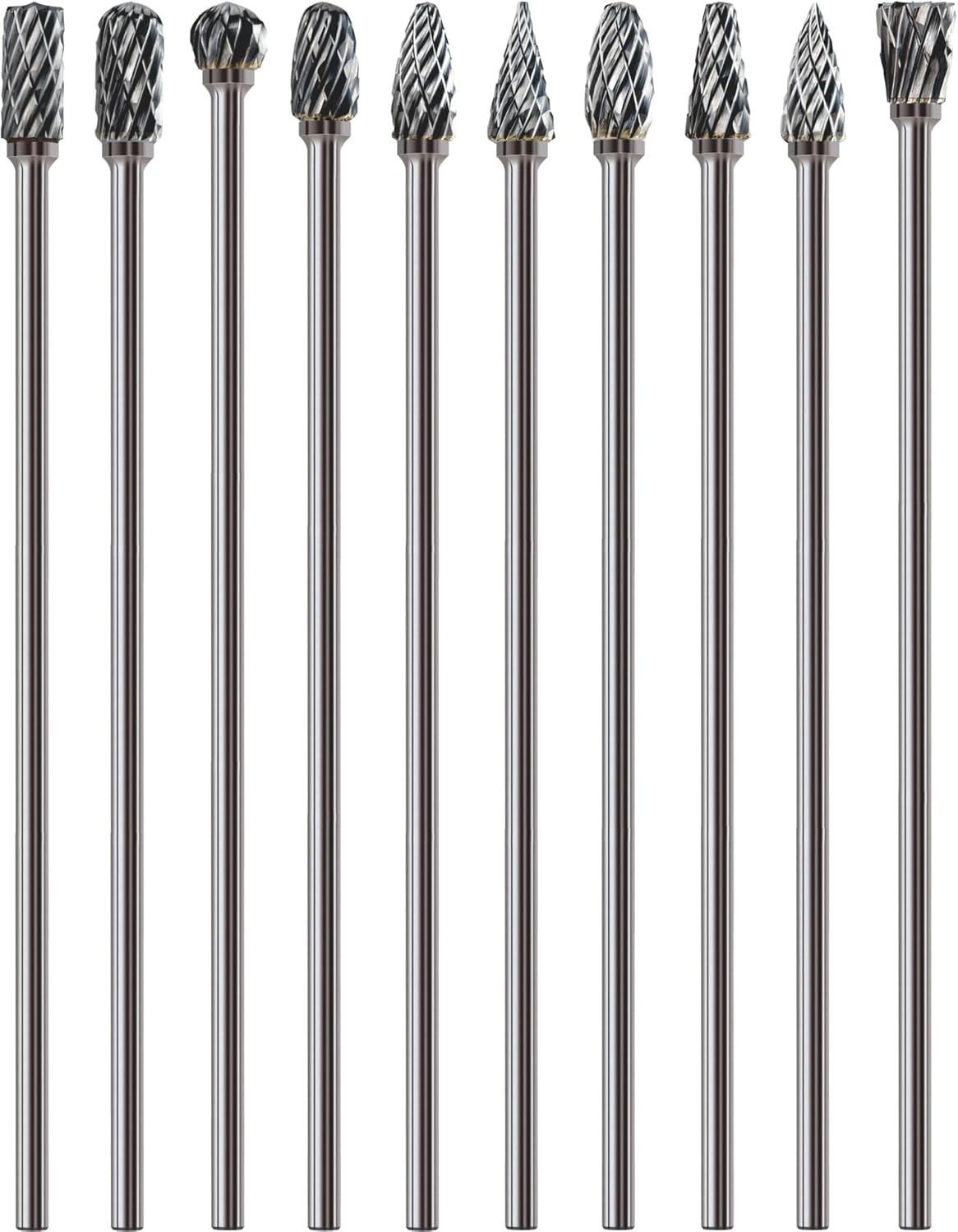 10 Pcs 1/8" Long Shaft Tungsten Carbide Burrs Set Kit Bits 4.5" Shank...
