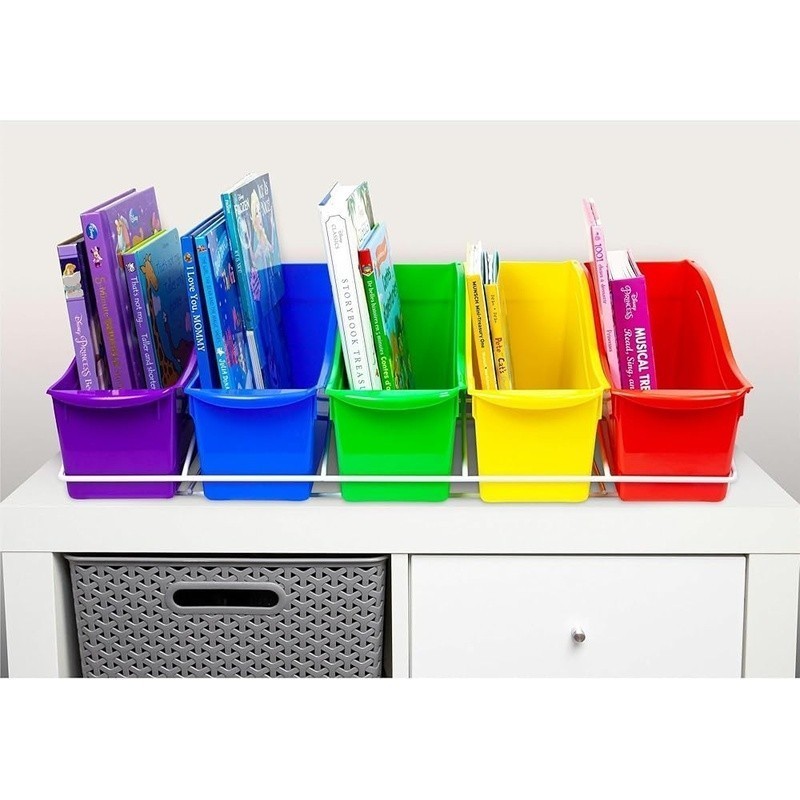 Durable 5 Shelf Book Rack W/ Storage Bins Integrated Handles Easy Access New