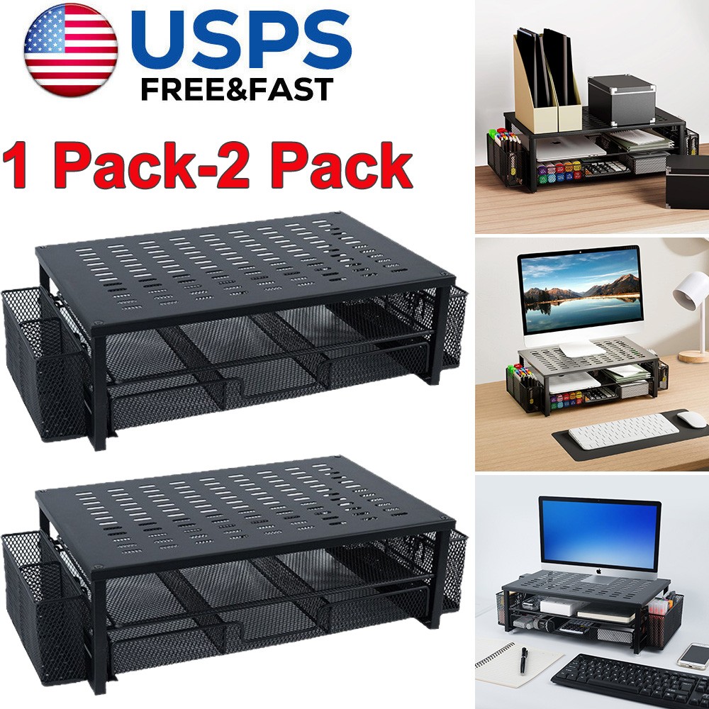 2 Tier Computer Monitor Stands with Drawer & 2 Pencil Holder Metal Monitor Stand