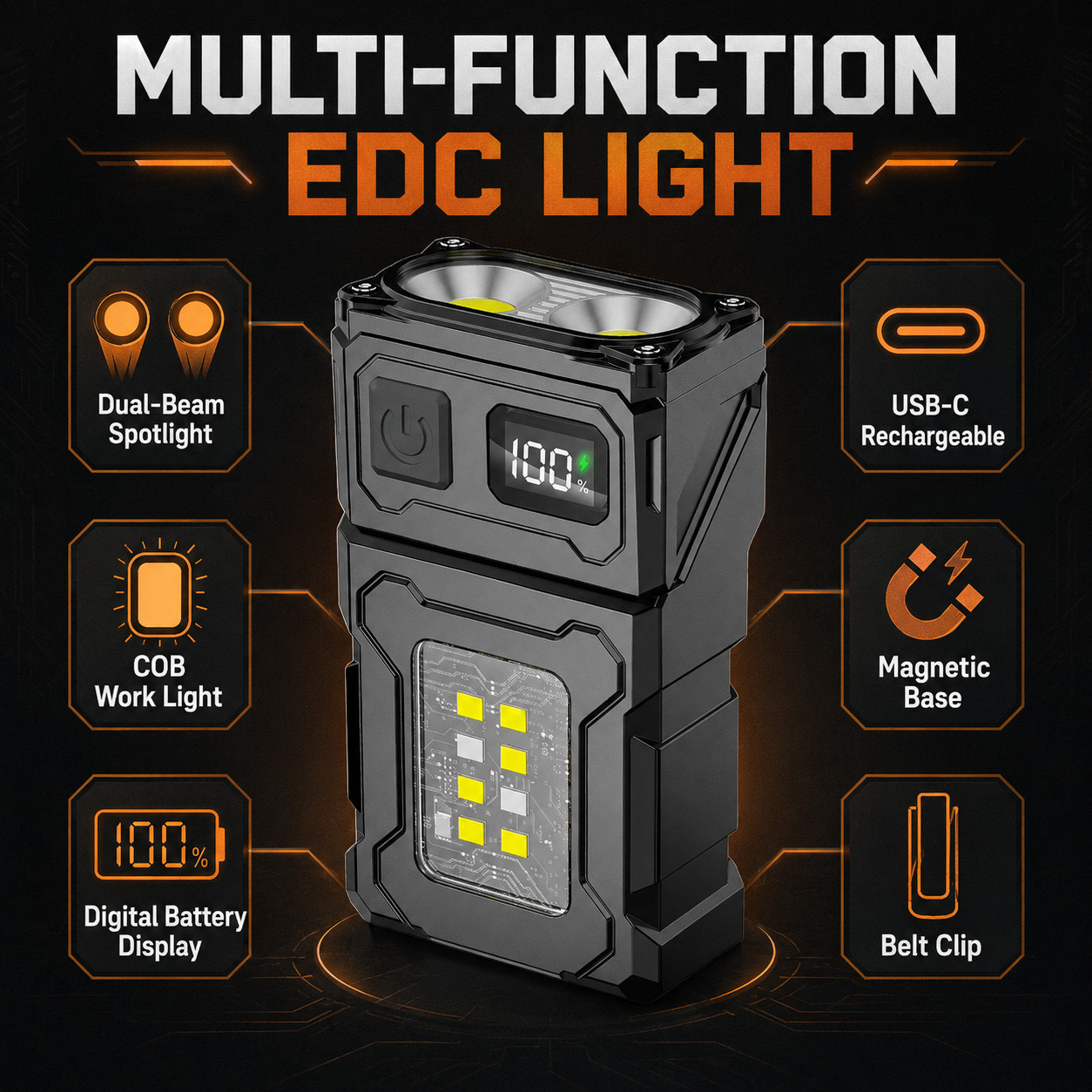 Rechargeable LED Camping Flashlight EDC Multi Tool COB Work Light USB-C IP65