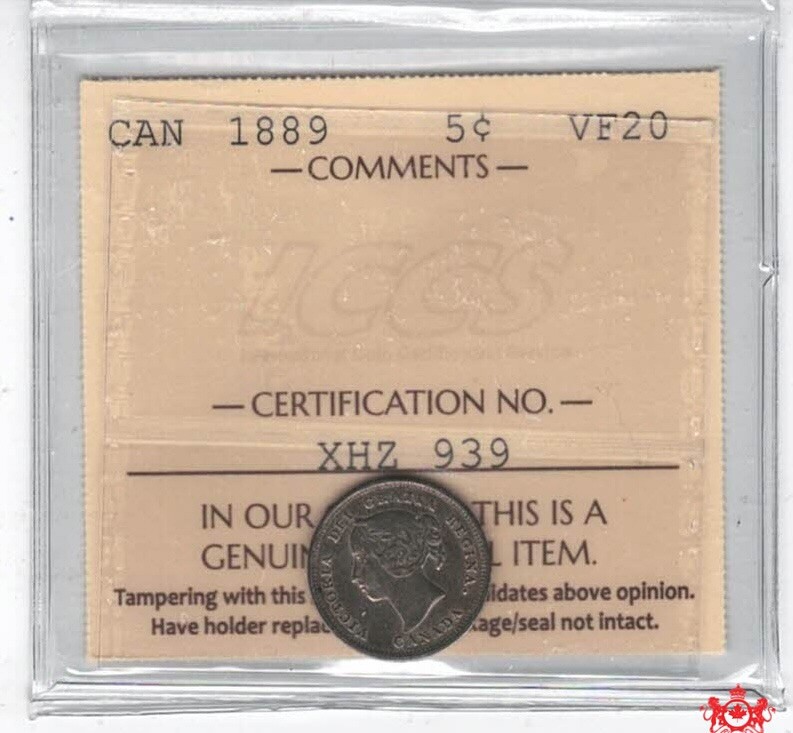 1889 Canada 5 Cents - ICCS VF20 - XHZ 939