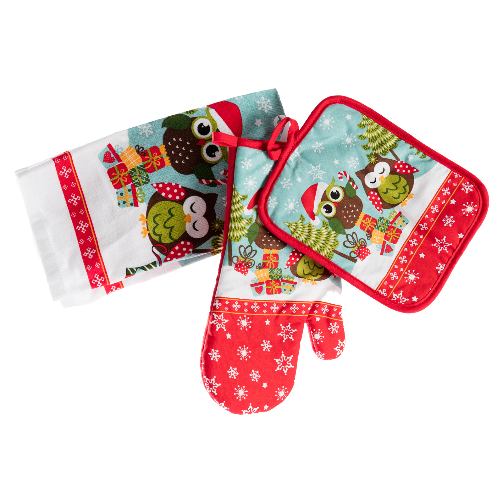 Christmas Mr and Mrs Owl Tea Towel, Oven Glove, Pot Mat Kitchen Set
