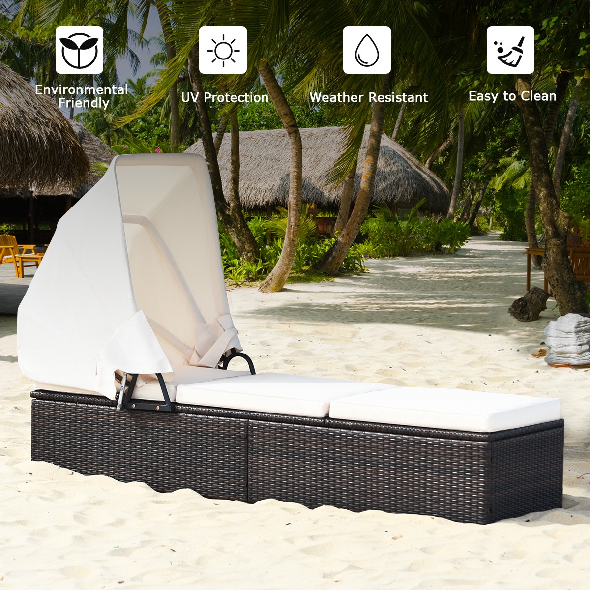 Costway 2 PCSPatio Rattan Lounge Chair Chaise Cushioned TopAdjustable w/Table