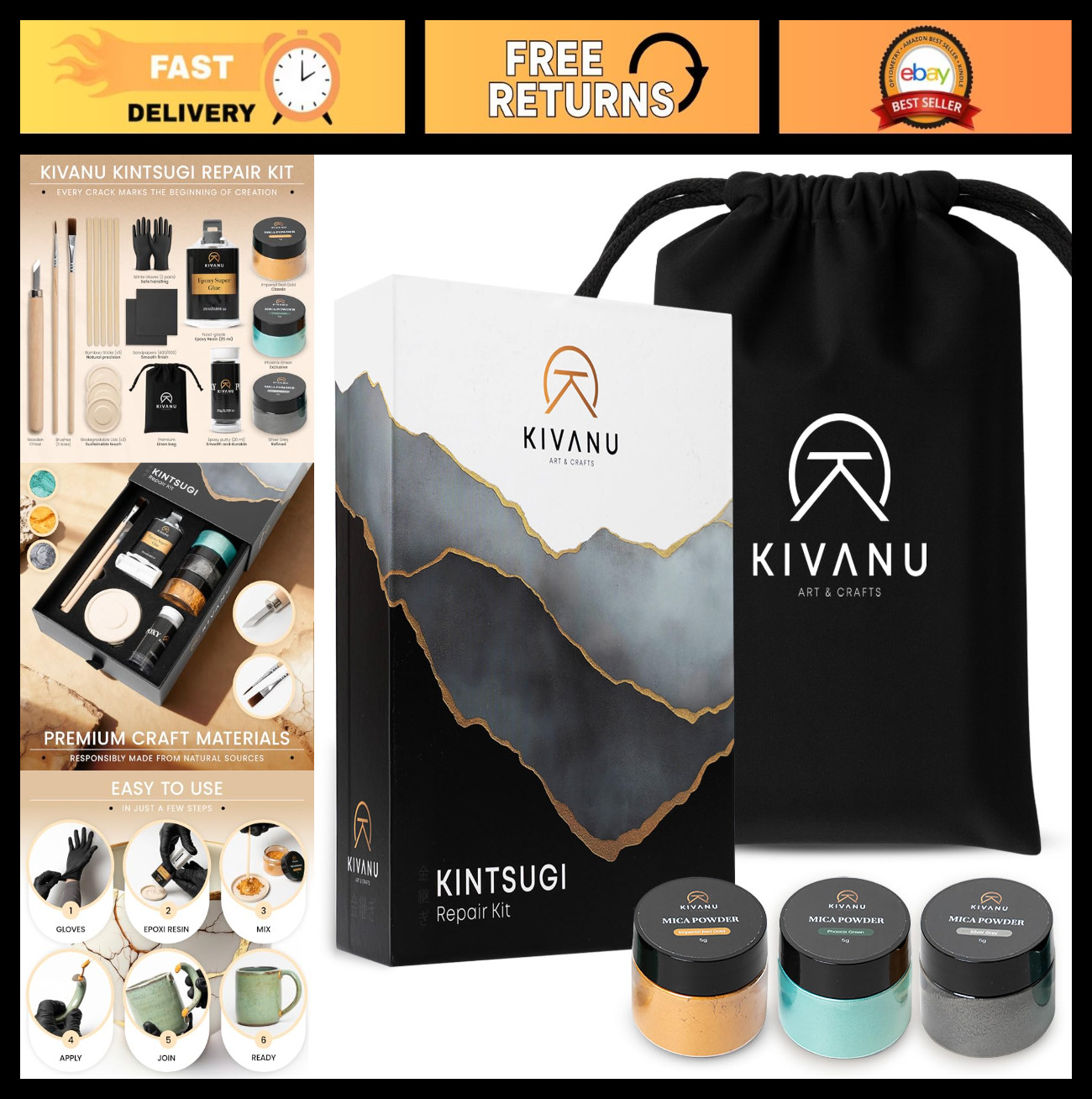 Kintsugi Repair Kit - Ceramic Restoration with Food Safe Epoxy - Gold, Silver &