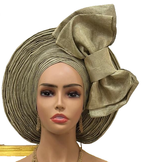 Pale Gold Autogele  Aso-Oke African Head Tie for Women NEW