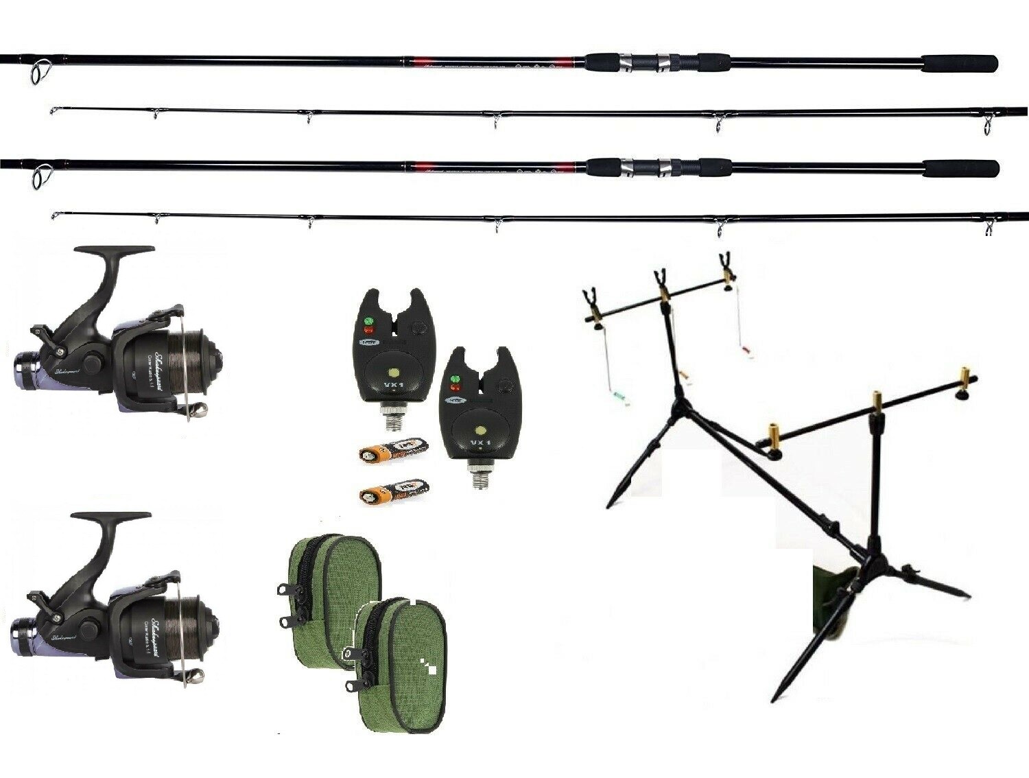 2 Shakespeare Firebird Carp Rods  Reels Carp Fishing Set Up Kit  Alarms Pod.